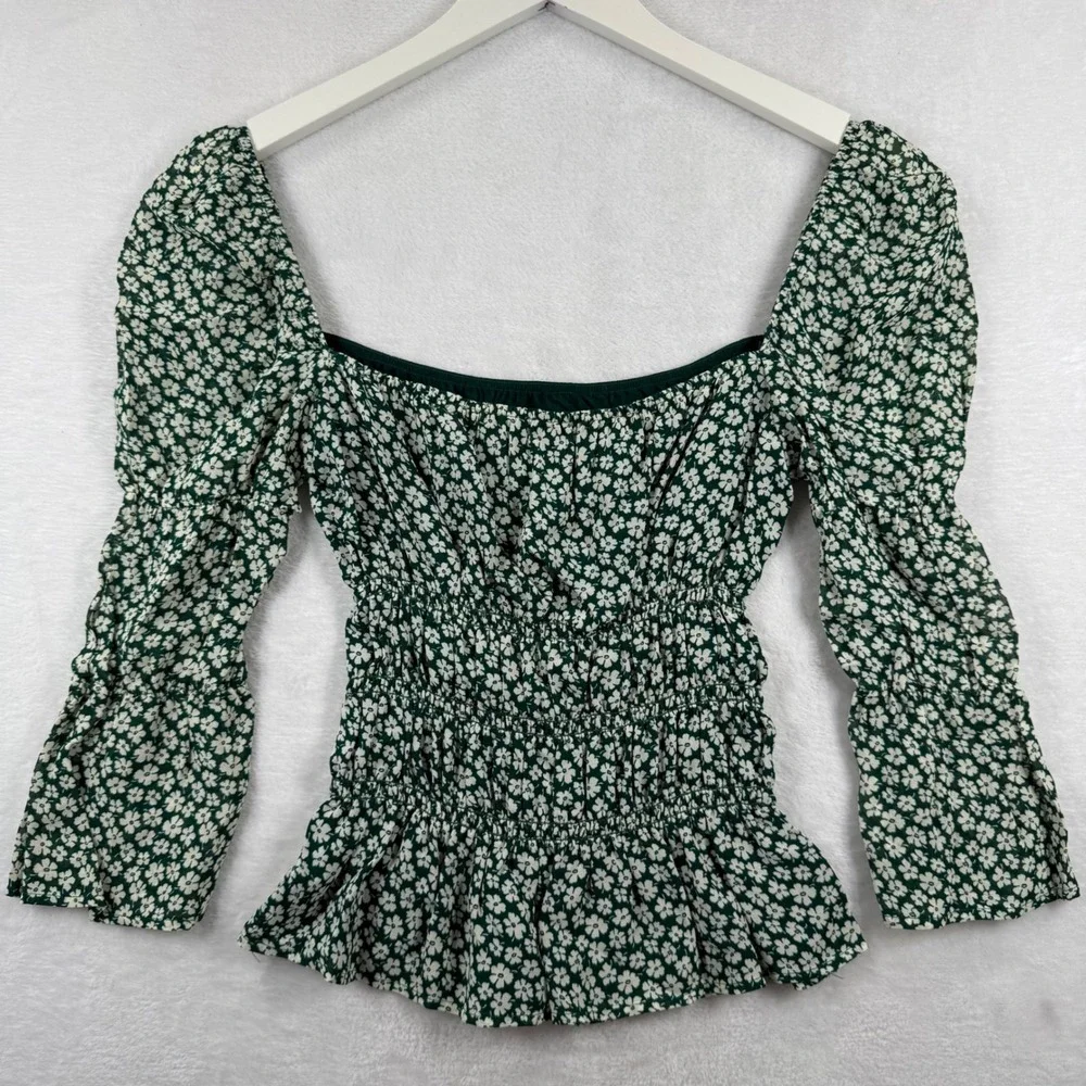 Reformation Green Floral Smocked Peplum Top Square Neck Puff Sleeve Medium